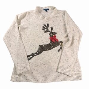 Karen Scott Womens White Sequin Rhinestone Reindeer Knit Sweater Top Large